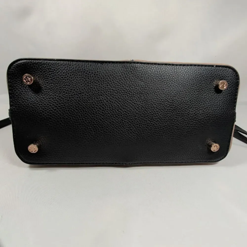 Anne Klein Taupe Black Pebbled Faux Leather Satchel Crossbody Shoulder Bag